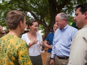 AgriCorps Fellow Paige Fuselier discusses AgriCorps with AgriCorps Founder Trent McKnight, US House Ag Committee Chairman Mike Conaway (TX-11) and Representative David Rouzer (NC-7) in Manya Krobo, Ghana.